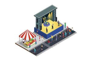 Roadside Music Festival Illustration Concept with cars, accessories sales. 3d Isometric View of Party Elements, Concert Background and Stage Landscape. Music Event illustration vector