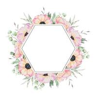 Anemone rose flowers and leaves. Isolated hand drawn watercolor frame of pink poppies. Summer floral wreath for wedding invitations, cards, packaging of goods vector