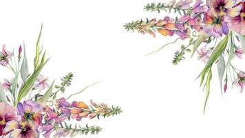 Hand drawn watercolor illustration botanical flowers leaves. Foxglove snapdragon lupin, mauve pansy viola, willow eucalyptus branches, columbine. Frame isolated on white. Design wedding, love cards vector