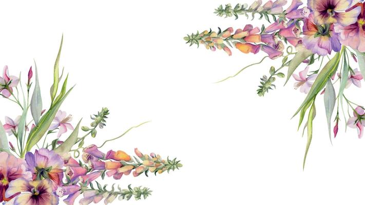 Hand drawn watercolor illustration botanical flowers leaves. Foxglove snapdragon lupin, mauve pansy viola, willow eucalyptus branches, columbine. Frame isolated on white. Design wedding, love cards