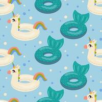 Seamless pattern, unicorn shaped swim lap and mermaid tail children's inflatable vector