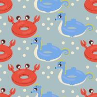 seamless pattern, swimming lap in the shape of a crab and a seahorse, children's inflatable vector