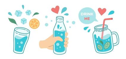 Drink more water concept, drinking water in drinking glass, jug, glass bottle. Correct daily habits, morning rituals, detox. Zero waste. Hand drawn illustration. vector