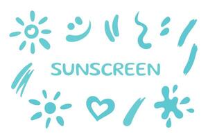 Strokes of sunscreen cream set. Collection of lotion, spray, oil, toothpaste smudges. SPF cosmetic products touches. Sun, heart, smile, blob smears shapes illustration. Flat design vector