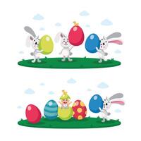 Happy Easter, egg hunt flat kids illustration, composition, banner, card, poster with painted, decorative eggs, newborn baby. Easter rabbit, bunny, hare, seasonal greeting set vector