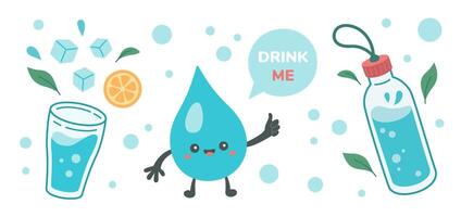 Drink more water concept, drinking water in glass, bottle. Water drop Kawaii character showing thumbs up. Cartoon style, correct daily habits, morning rituals. Zero waste illustration. vector