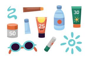 Sun protection tips set. Sunscreen bottles, jars, tubes. Strokes of sunscreen cream strokes. Beach holidays, sun bathing concept. Flat design, cartoon SPF cosmetic products collection. vector