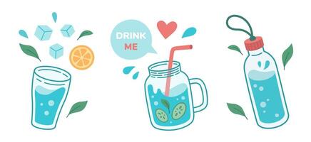 Drink more water concept, drinking water in drinking glass, jar, glass bottle. Correct daily habits, morning rituals, detox. Zero waste. Hand drawn illustration. vector