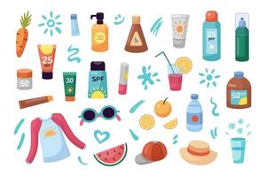 Sun protection tips set. Sunscreen bottles, jars. Strokes of sunscreen cream strokes. Beach holidays concept. Flat design, cartoon SPF cosmetic products collection. vector