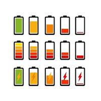 Battery charge indicator icons. Phone charge level, color collection of charge power. Discharged and fully charged battery. Battery charge from high to low. Illustration. vector