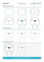 How to Draw Doodle Animal Walrus, Cartoon Character Step by Step Drawing Tutorial. Activity Worksheets For Kids vector