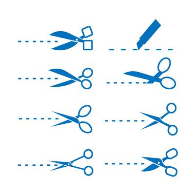 Paper cut icon with dotted line. scissors with cut lines. set of cutting scissors.