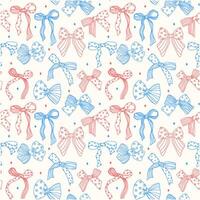 Coquette 4th of July ribbon bow outline seamless pattern retro trendy drawing repeating isolate on cream background vector