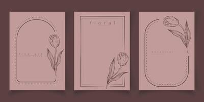 Set of frame templates in minimal linear style with hand drawn tulips. Elegant floral tulip line art border for for labels, corporate identity, wedding invitation, logo, save the date, beauty industry vector