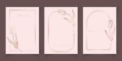 Set of frame templates in minimal linear style with hand drawn tulips. Elegant floral tulip line art border for for labels, corporate identity, wedding invitation, logo, save the date, beauty industry vector