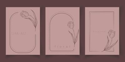 Set of frame templates in minimal linear style with hand drawn tulips. Elegant floral tulip line art border for for labels, corporate identity, wedding invitation, logo, save the date, beauty industry vector