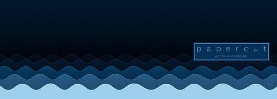 Paper cut deep blue water wave on dark blue background. Cutout minimalistic luxury layered ocean waves . 3D frame icon for posters and flyers, presentation, web, social media, design and banner. vector