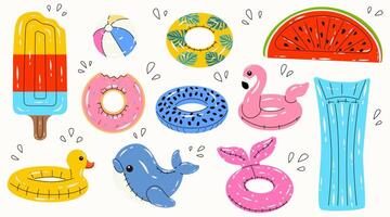 Set rubber pool colorful rings. Swim rings in flat style on white background. Swimming in pool with rubber circles, summertime water activities. Rubber toy for water and beach. vector