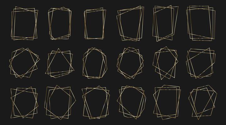 Golden geometric frames. Geometric polyhedron, art deco style for wedding invitation, luxury templates, decorative patterns. modern abstract elements, illustration isolated on background.