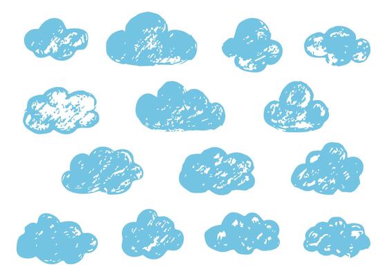 Simple hand drawn cloud collection. Abstract blue cloudy set illustration. Sketch brush stroke speech bubble. Simple childish hand-drawn background.