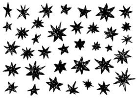 Set of abstract star shapes. Black and white textured galaxy stars. Retro futuristic sparkle icons collection. Set of Y2K style. Templates for posters, banners, stickers, business cards vector
