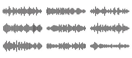 Set of wavy, vibrating and pulsating lines. Podcast sound waves. Waveform pattern for music player, podcast, voice message, music app. Audio wave icon. Isolated illustration. vector