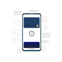 móvil pago. teléfono inteligente con en línea pagos crédito tarjeta en teléfono pantalla. nfc pagos solicitud para bancario, Finanzas y electrónico pagos vector