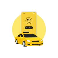 Online concept of mobile taxi service ordering. Isometric taxi yellow taxi and smartphone and touch screen vector