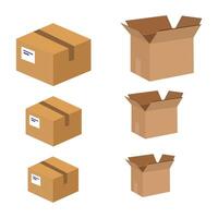 isometric cardboard box set. Collection of isometric cardboard boxes of different types - open box, closed box, boxes with a postal filler. vector