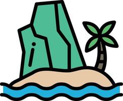 A cartoon drawing of a beach with a palm tree and a rock vector