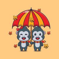 Cute couple gorilla with umbrella at autumn season cartoon illustration. vector