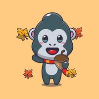 Cute gorilla with acorns at autumn season cartoon illustration. vector