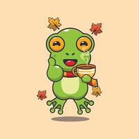Cute frog with coffee in autumn season cartoon illustration. vector