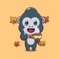 Cute gorilla with coffee in autumn season cartoon illustration. vector