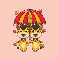 Cute couple giraffe with umbrella at autumn season cartoon illustration. vector