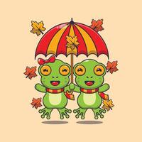 Cute couple frog with umbrella at autumn season cartoon illustration. vector
