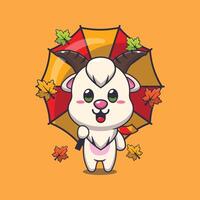 Cute goat with umbrella at autumn season cartoon illustration. vector