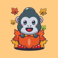 Cute gorilla in a pumpkin at autumn season cartoon illustration. vector