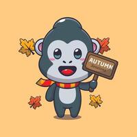 Cute gorilla with autumn sign board cartoon illustration. vector