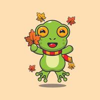 Cute frog holding autumn leaf cartoon illustration. vector