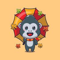 Cute gorilla with umbrella at autumn season cartoon illustration. vector