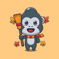 Cute autumn gorilla holding broom cartoon illustration. vector