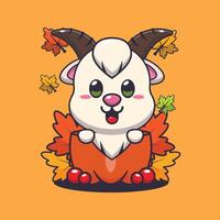 Cute goat in a pumpkin at autumn season cartoon illustration. vector