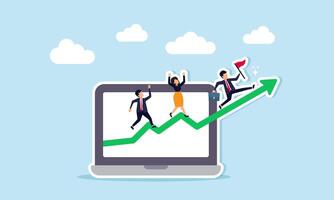 Enhanced business performance, growth, and improvement for investment returns, guided by strategic planning, concept of Energetic business individuals sprinting from ascending laptop graph vector