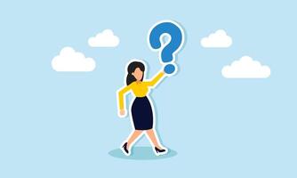 Business inquiry, uncertainty, creative solutions, and problem solving to navigate ambiguity, concept of Confident businesswoman holds a large question mark, contemplating solutions vector