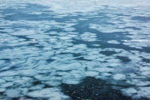 Ice surface of the river. Texture of ice shards and water. Winter background photo