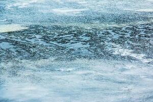 Ice surface of the river. Texture of ice shards and water. Winter background photo