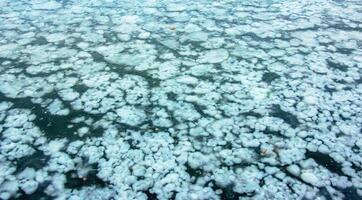 Ice surface of the river. Texture of ice shards and water. Winter background photo