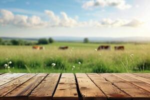 vacío de madera mesa en vaca césped tierra foto