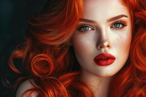 Moda retrato de mujer con largo Rizado rojo cabello. foto